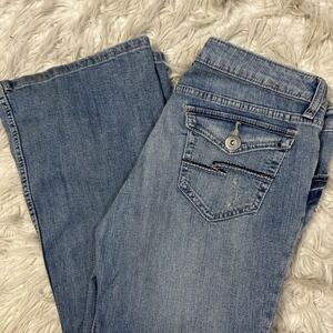 Favorite Flare Low Rise Y2K Destroyed Denim Blue Jeans Flap Pocket Grunge Sz 11